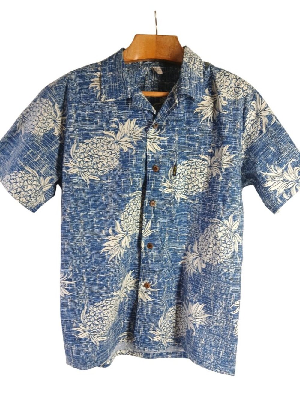Palmwave Mens Blue Hawaiian Shirt Pineapple Size L Short Sleeve Aloha Beach